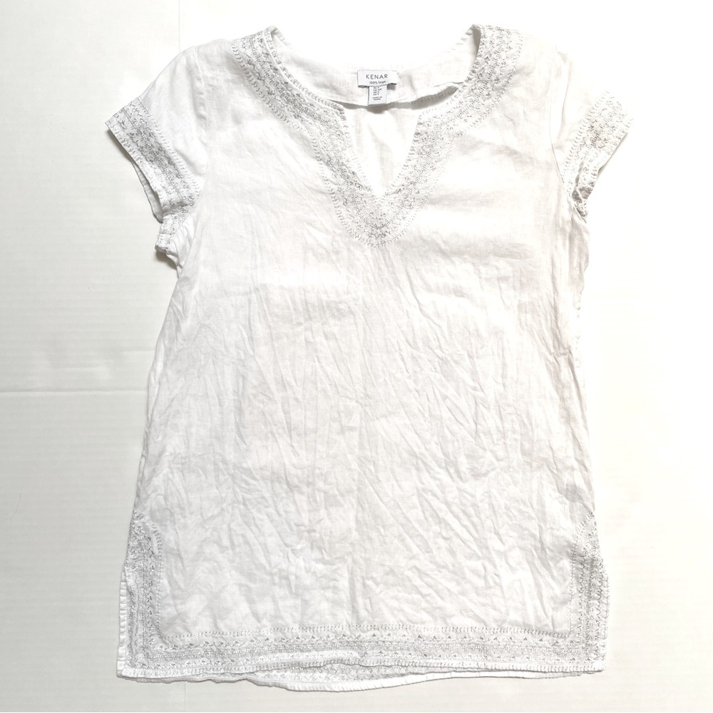Kenar 100% Linen Short Sleeve White Blouse Silver Border Sz S